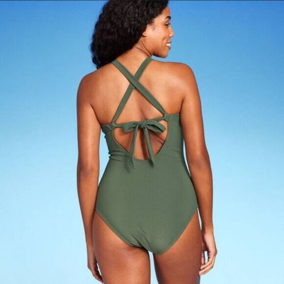Ribbed Plunge Ring Detail One Piece Swimsuit - Shade & Shore Dark Green M - Picture 2 of 4
